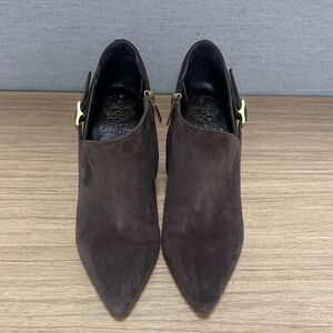 Vince Camuto Dark Brown Suede Pointed Toe Booties with Gold Accent